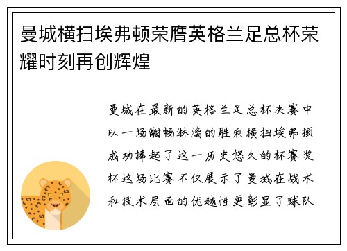 曼城横扫埃弗顿荣膺英格兰足总杯荣耀时刻再创辉煌