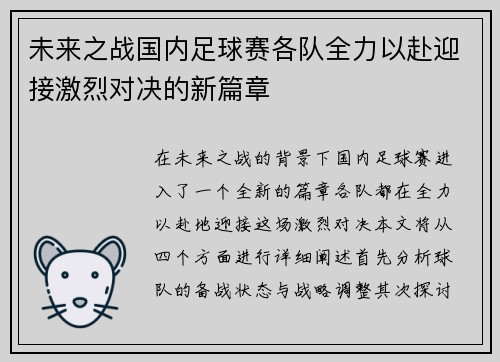 未来之战国内足球赛各队全力以赴迎接激烈对决的新篇章