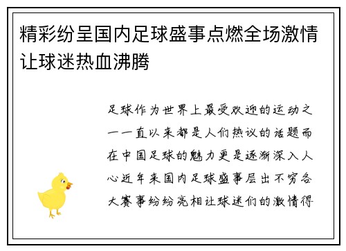 精彩纷呈国内足球盛事点燃全场激情让球迷热血沸腾