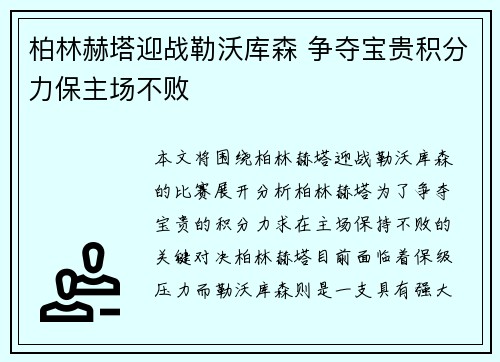 柏林赫塔迎战勒沃库森 争夺宝贵积分力保主场不败