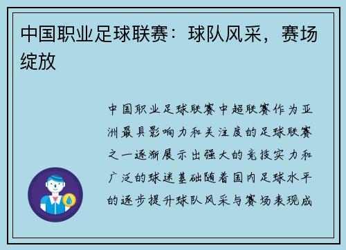 中国职业足球联赛：球队风采，赛场绽放