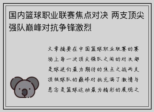 国内篮球职业联赛焦点对决 两支顶尖强队巅峰对抗争锋激烈