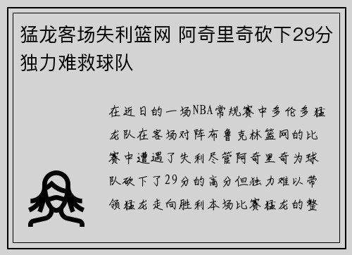 猛龙客场失利篮网 阿奇里奇砍下29分独力难救球队