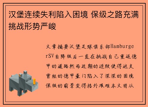 汉堡连续失利陷入困境 保级之路充满挑战形势严峻