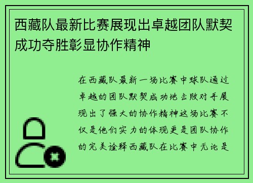 西藏队最新比赛展现出卓越团队默契成功夺胜彰显协作精神