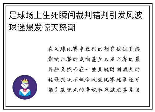 足球场上生死瞬间裁判错判引发风波球迷爆发惊天怒潮