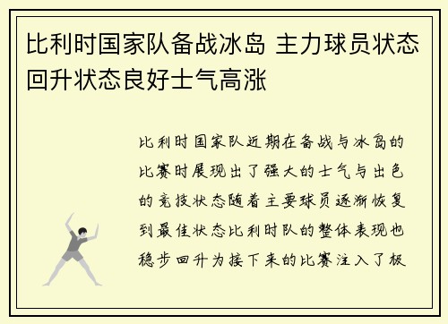 比利时国家队备战冰岛 主力球员状态回升状态良好士气高涨